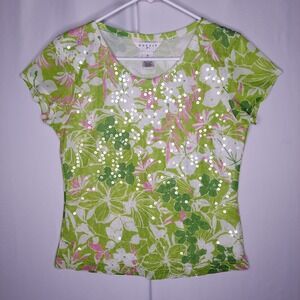 JPR Vtg Sequin Floral Mesh  Top Womens Medium Green Lined Sequin Y2K Fairycore